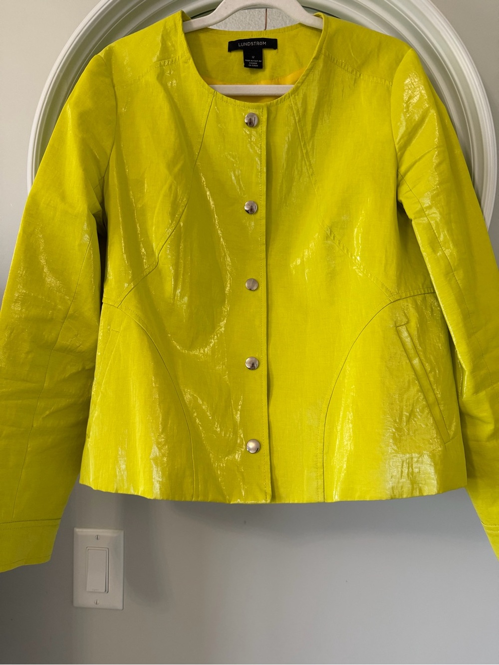 Vintage Linda Lundstrom Yellow Waxed Linen Jacket Snap Front Size 12 Chartreuse
